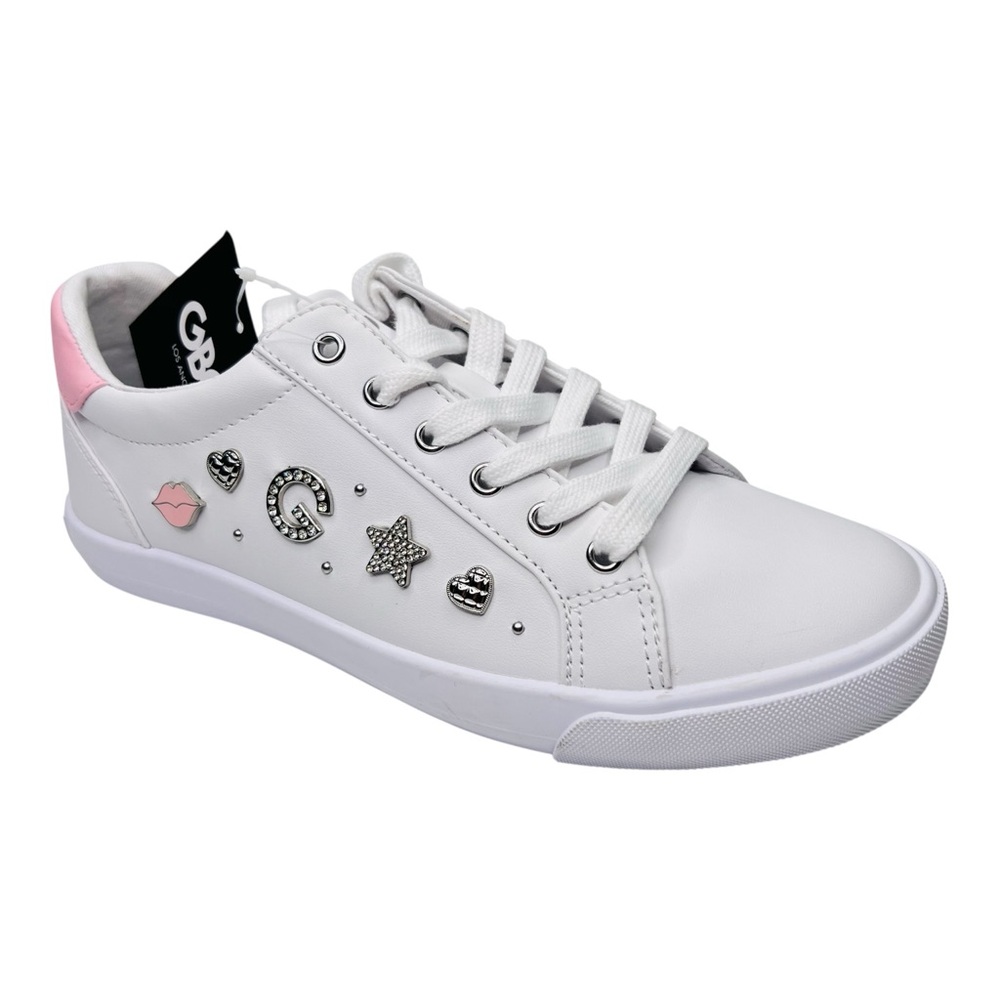 G by Guess White/Pink Vegan Leather Accent Charms/Rhinestones Barbiecore Sneaker